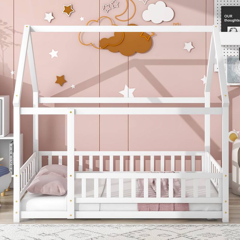 House Floor Bed for Kids, Wooden Montessori Bed Frame with Fence