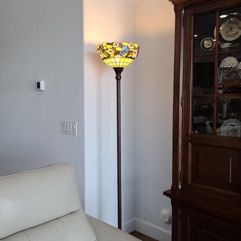 Tiffany Style Floor Lamp 70" Tall Torchiere Standing Dragonfly Stained Glass White Flower Reading AM023FL14B Amora Lighting