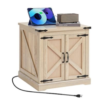 24-Inch 2-Tier Rectangle Rattan Side & Coffee Table with Double Doors and Built-in Outlets - 23.6 x 23.6 x 24.2 in