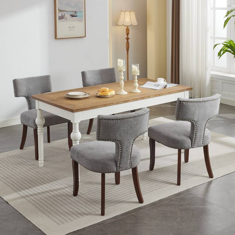 Linen Fabric Curved Backrest Counter Height Bar Stools Set of 2, Upholstered Kitchen Bar with Rubberwood Frame & Nailhead Trim