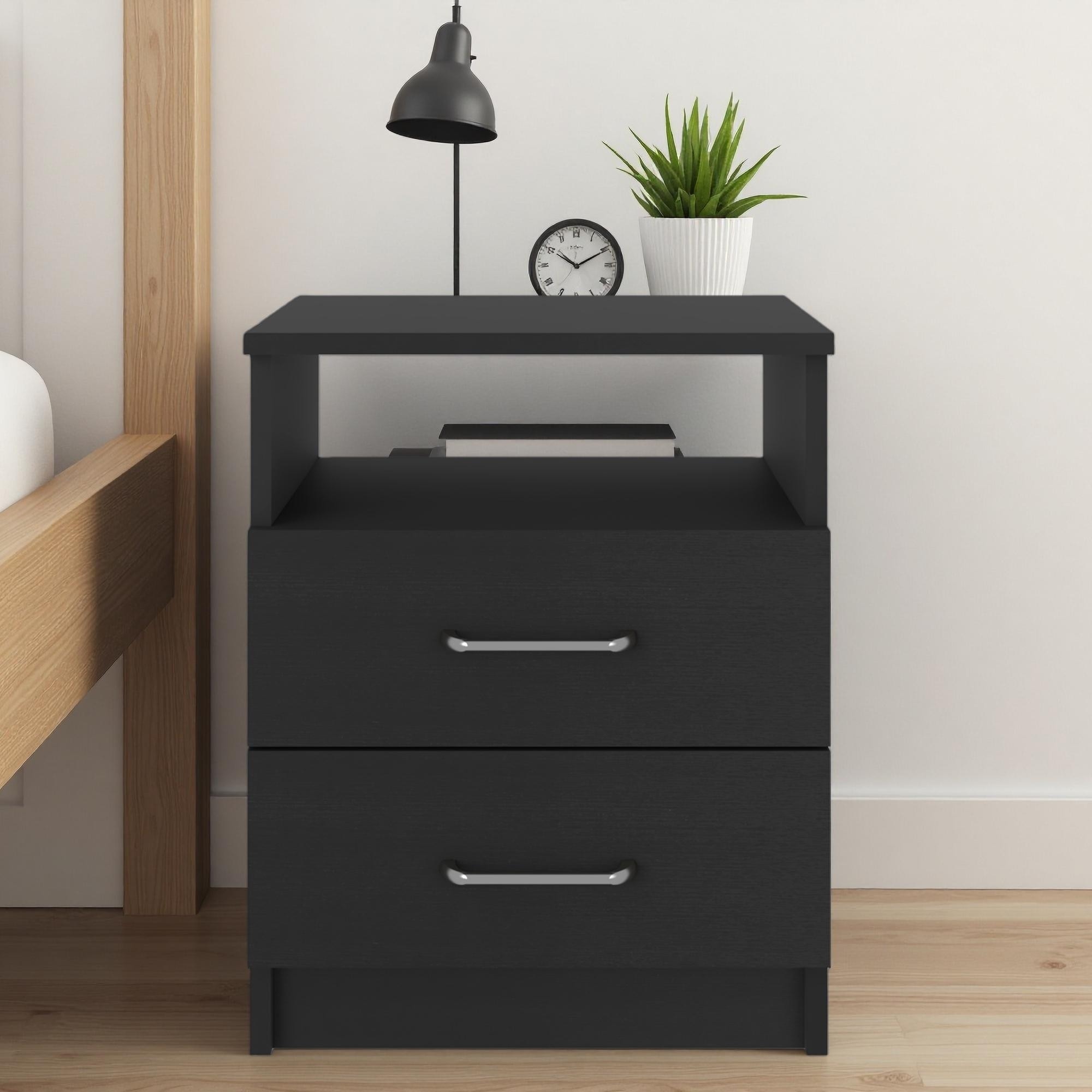16"L Modern Nightstand with Two Drawers and Open Shelf, Metal Hardware Bedside Table