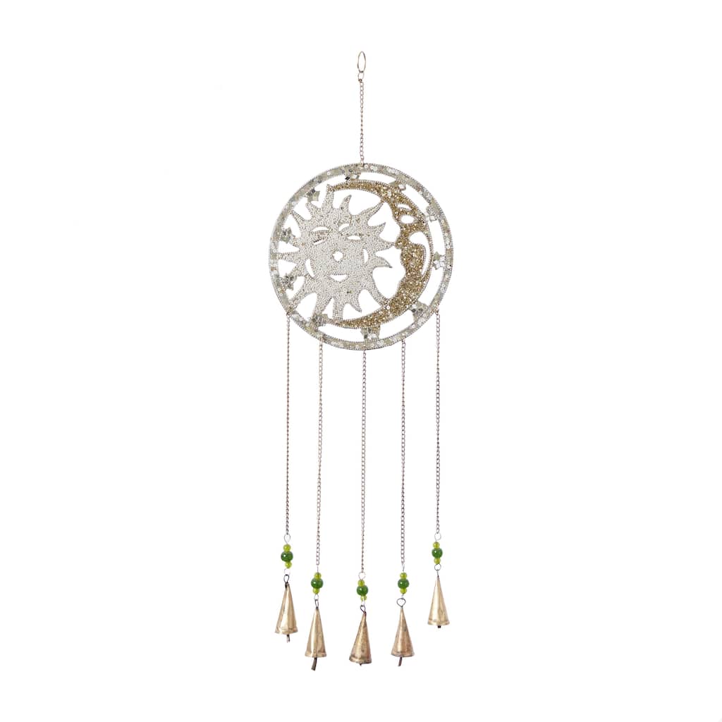 Metal Handmade Embellished Moon and Sun Indoor Outdoor Windchime with Glass Beads and Bells - Silver - Roche River Decor
