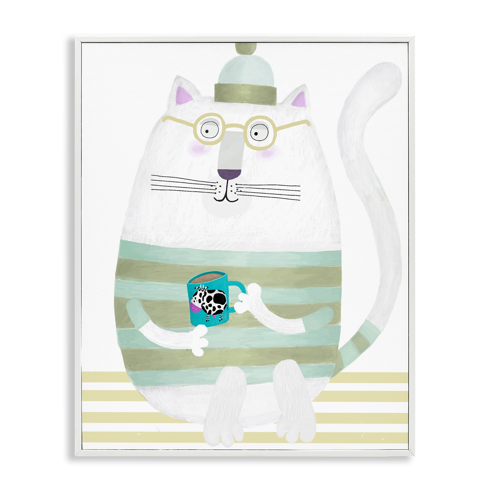 Stupell Cat with Cow Mug Framed Giclee Art Design By Carla Daly