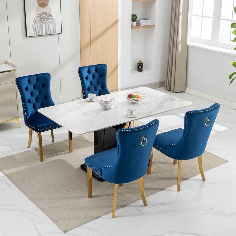 Set of 2 Velvet Dining Chairs with Nailhead Trim and Gold-Plated Legs