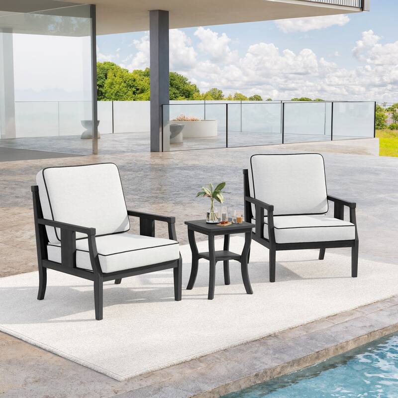 3-Piece Teak Wood Outdoor Armchair Set with Side Table, Cushions, Patio Seating Sets