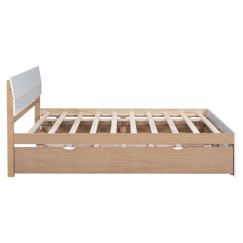 White High Gloss Full Bed Frame with Twin Trundle, 2 Storage Drawers & Light Oak Finish