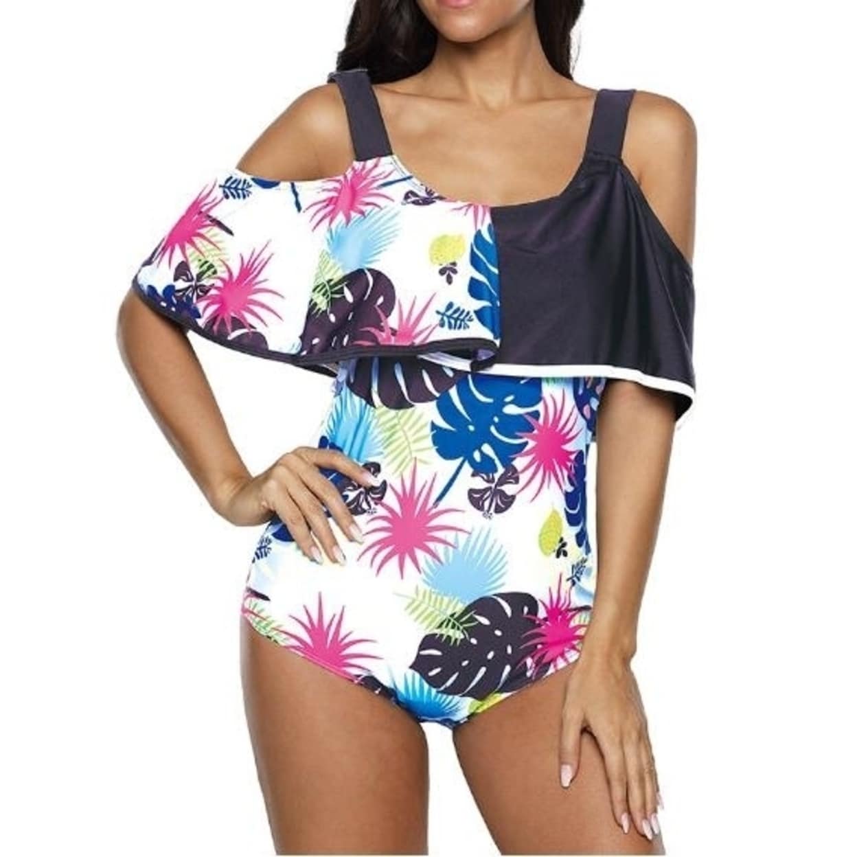Shop One Piece Retro Ruffle Printed Off Shoulder Slimming Swimsuit Overstock