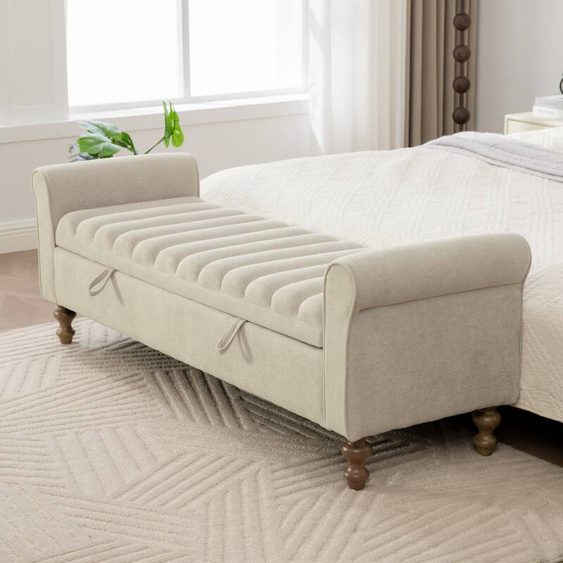 65.6"W Upholstered Storage Bench With Rolled Armrest, Rubberwood Legs