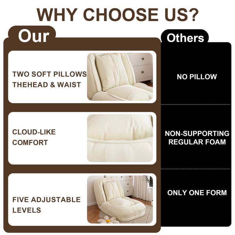 Rossetta Modern Foldable Adjustable Design Corduroy Lazy Bean Bag Chair with 2 Soft Pillows, Pets Friendly