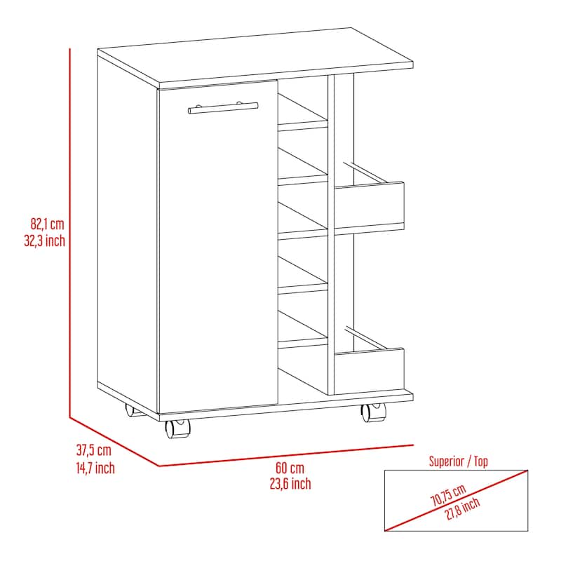 Bar Cart, Four Casters, Six Wine Cubbies, Single Door Cabinet