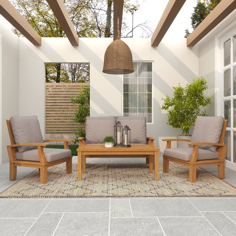 Teak Wood Arm Chair and Loveseat Outdoor Seating Set with Cushions and Coffee Table - Set of 4 Brown - Roche River Decor