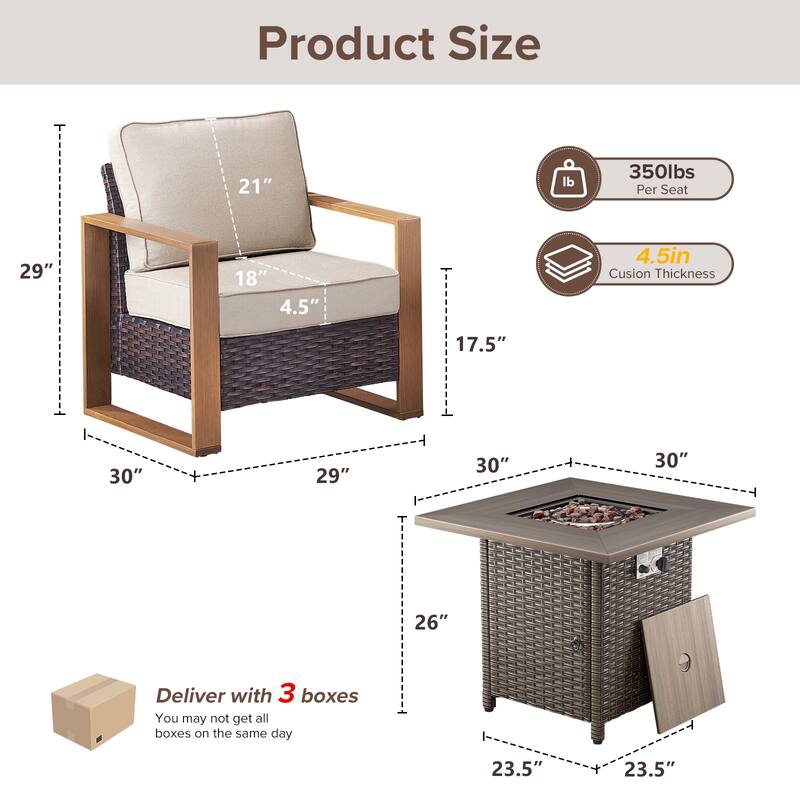 Meyreso 5-Piece Wicker Patio Conversation Set with Fire Pit & Plush 4.5" Olefin Cushions