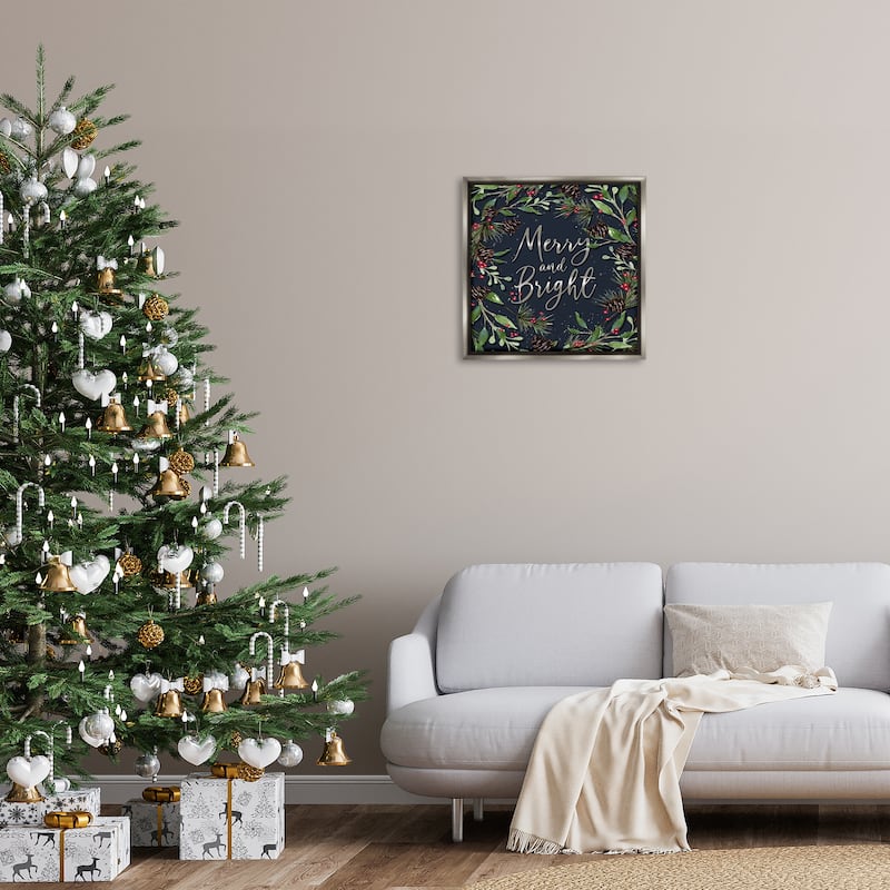 Stupell Merry & Bright with Holly Leaves Framed Floater Canvas Wall Art Design By Elizabeth Tyndall