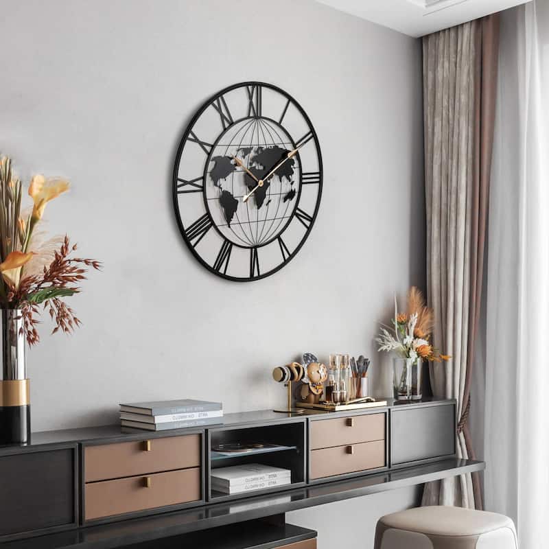 36" Round Metal World Map Wall Clock