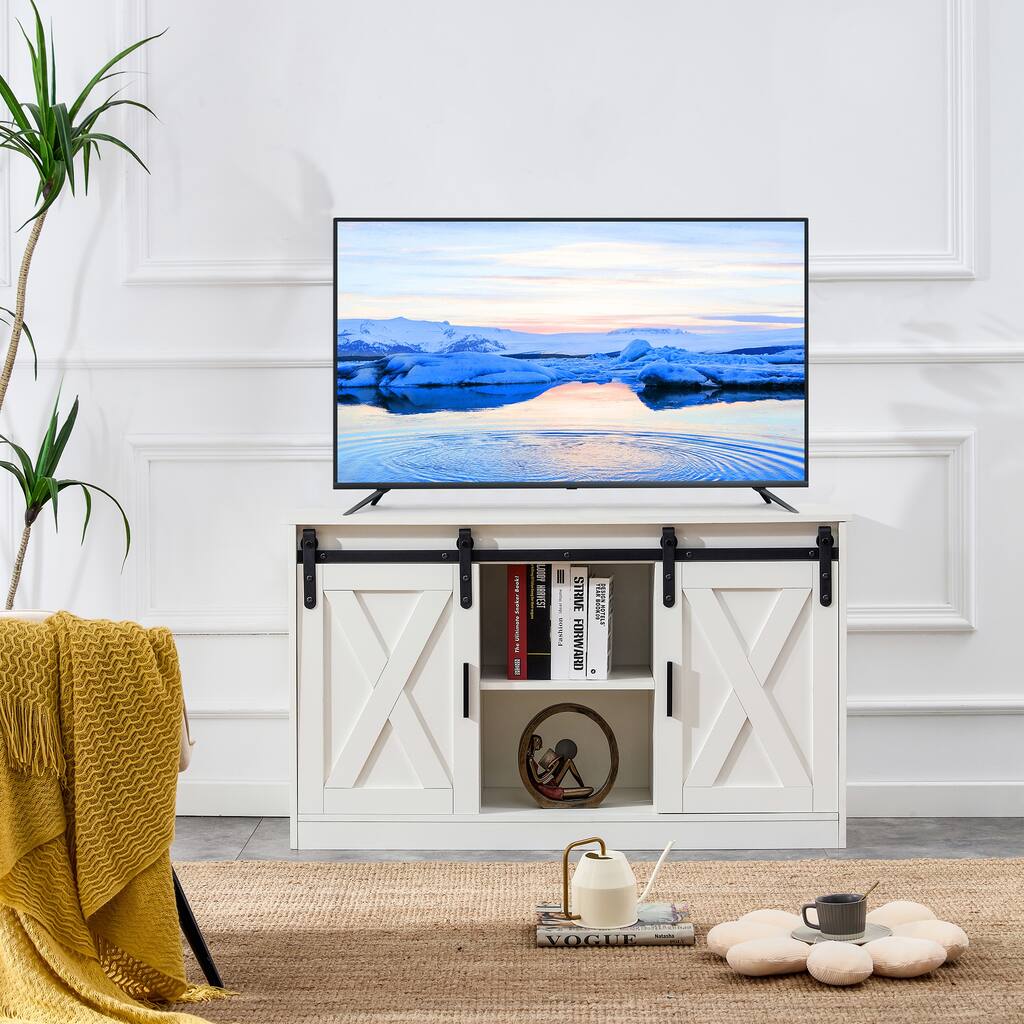 White 46.9" TV Stand with Sliding Barn Doors and 3-Tier Storage for Living Room