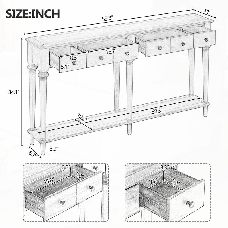 Retro Console Table with Open Shelf and 4 Drawers for Entryways