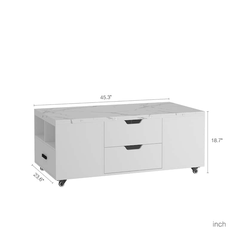 Modern Lift-Up Coffee Table with 2 Stools Set for Living Room Expandable Hidden Storage + Drawers Space Saving Folding Table