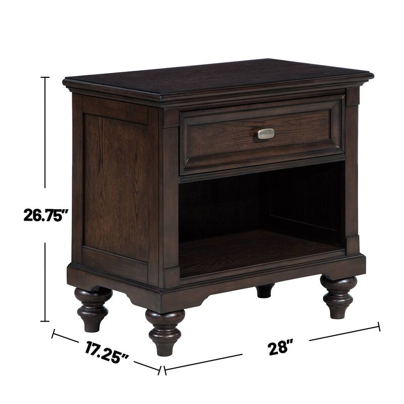 1 Drawer Wooden Nightstand with Gunmetal Hardware in Dark Oak