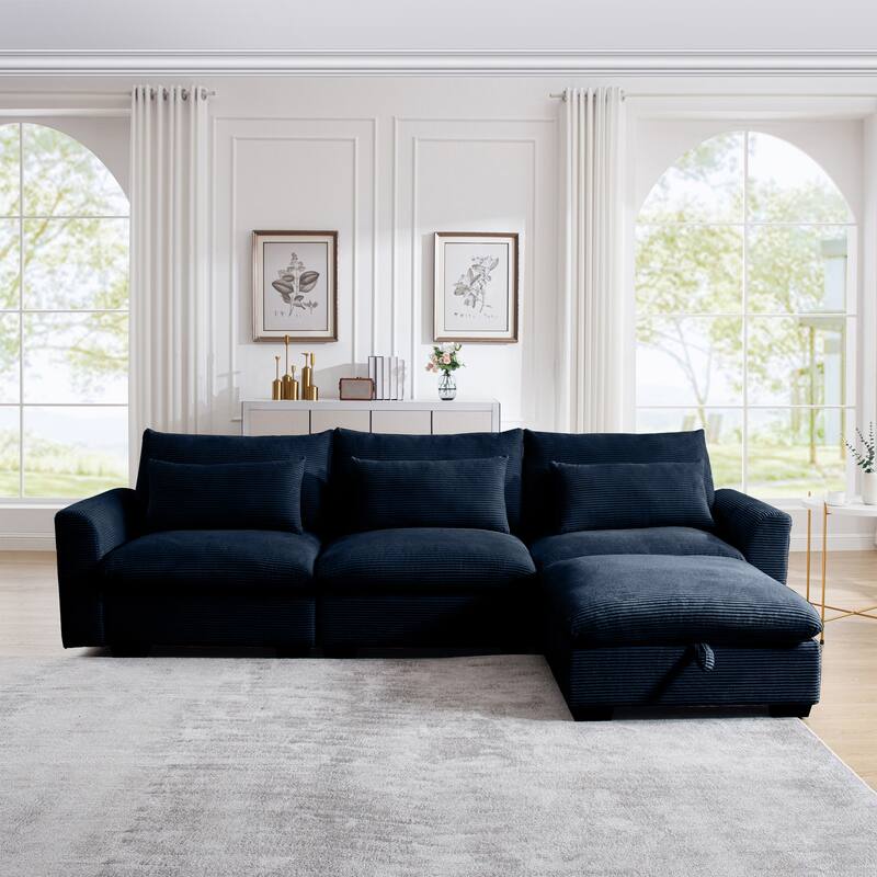 Modern L Shaped Modular Corduroy Sofa with Storage Ottoman and Plush Cushions for Living Room or Guest Room