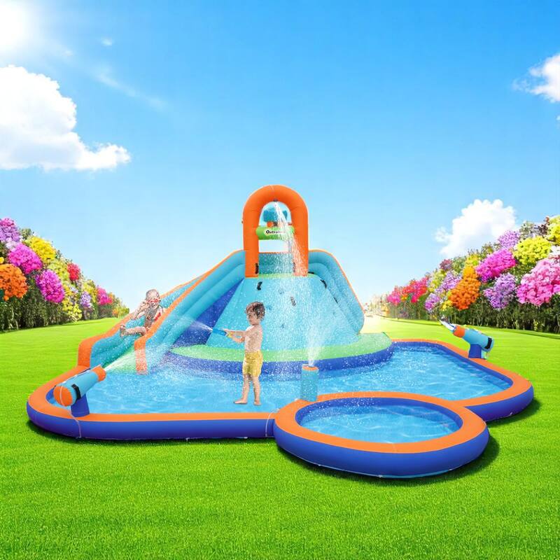 Inflatable Water Slide Bounce House with 2 Pools & Water Cannons, Kids Outdoor Water Park with Slide, Large Backyard Playset - Multicolor