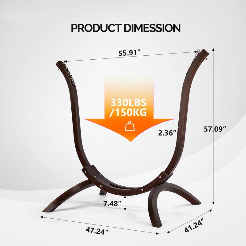 Carbonized Brown Wooden Hammock Chair Stand Curved Russian Larch Frame for Indoor and Outdoor Use Weather Resistant