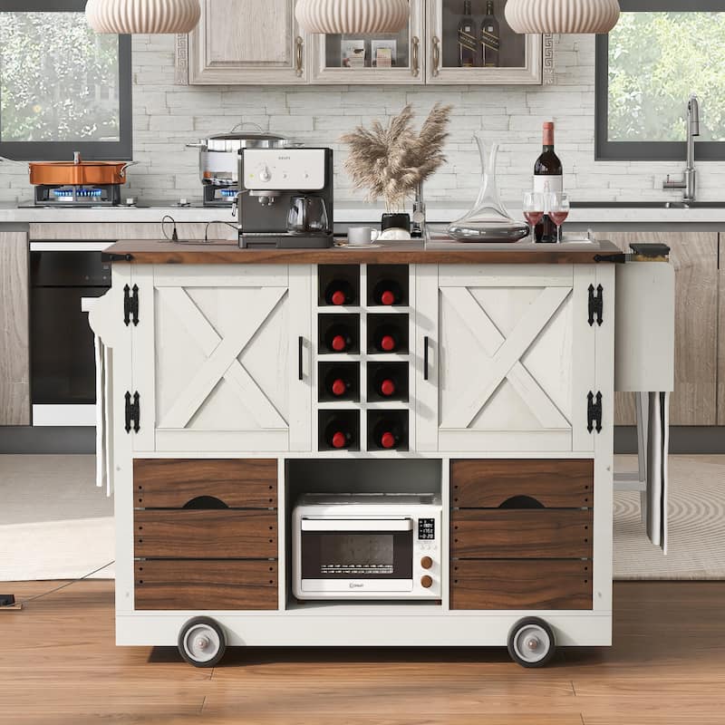 Farmhouse Kitchen Island with Drop Leaf, Power Outlet, Kitchen Storage Cart with 2 Doors, 2 Drawers
