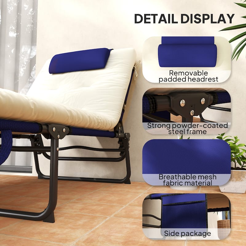 Black-Navy Mesh Sun Lounger Chair with Recline, Cushion and Foldable - 26.8" W x 74.4" D x 11.8" H