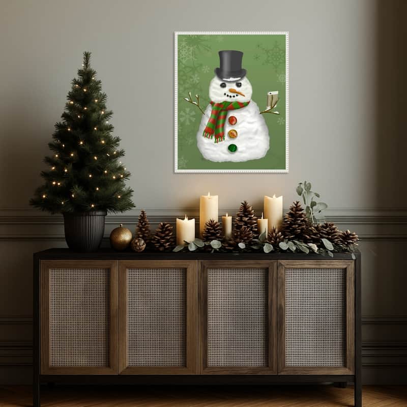 Snowman Selfie by Fab Funky (23 x 28 in.), Framed Canvas Wall Art Print - Sylvie Beaded White