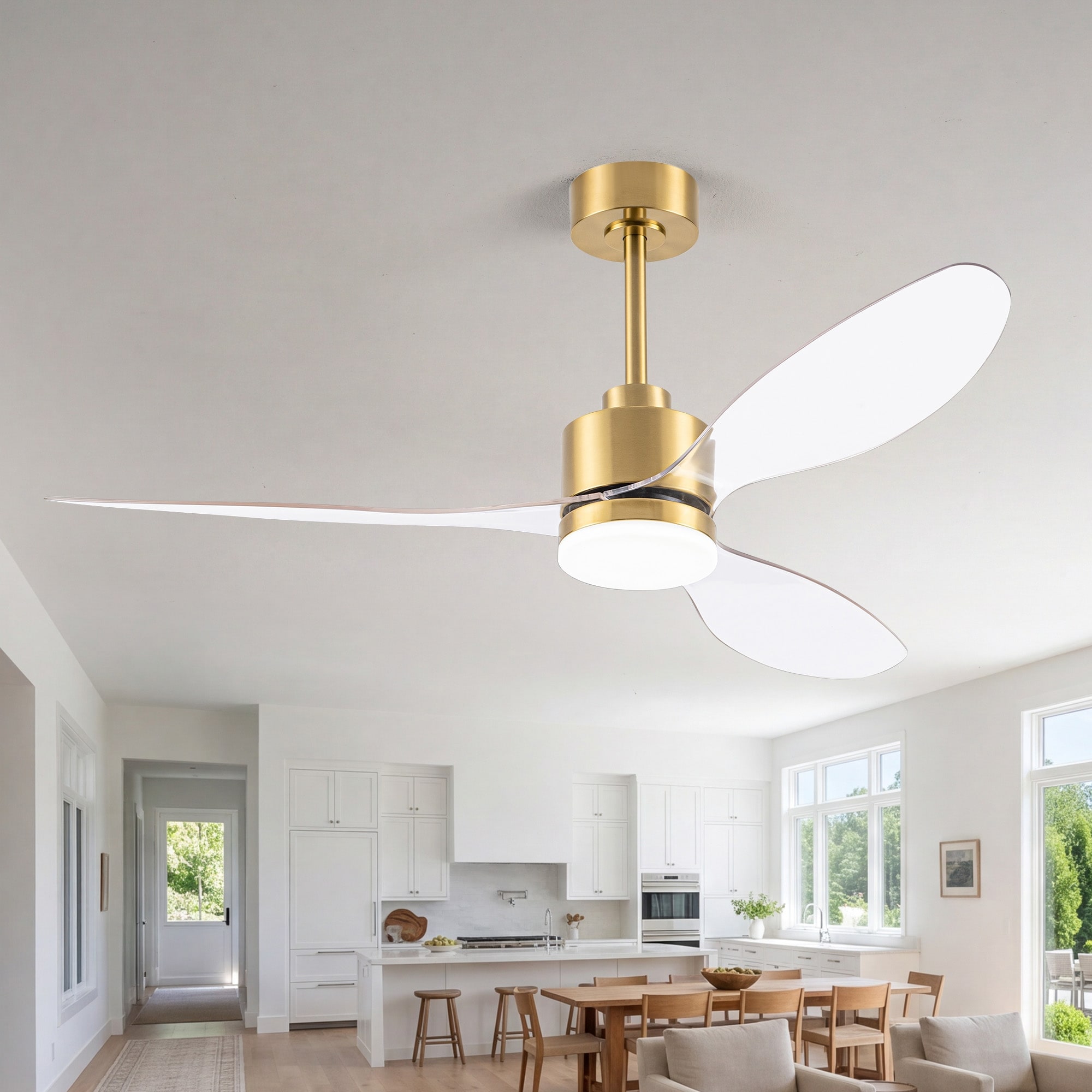 52-Inch Modern 3-Blade Ceiling Fan with Light and Remote, Quiet Reversible DC Motor, 3CCT LED, Black/White/Gold/Transparent