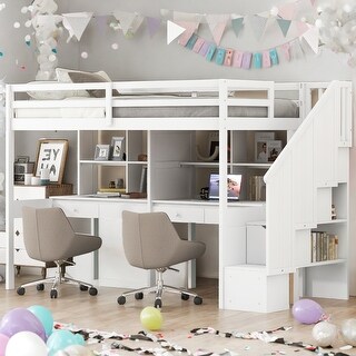 Elegant Twin Size Loft Bed Frame with Storage Staircase and Double Desks and Shelves, Sturdy construction & Unique design, White