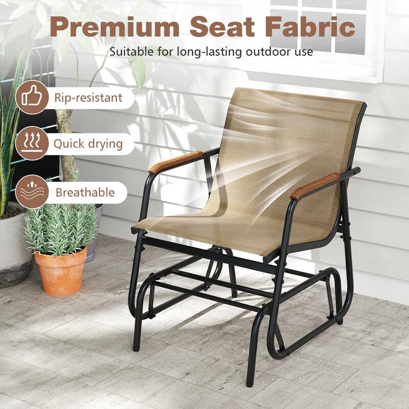 3-Piece Outdoor Patio Glider Set with Rocker Chairs Teak Arms and Tempered Glass Table - 29" x 24" x 33"