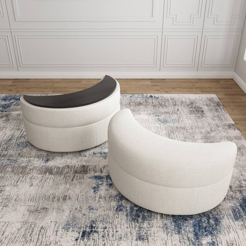 Chenille Half Moon Storage Ottoman(Set of 2) - Chenille - Beige