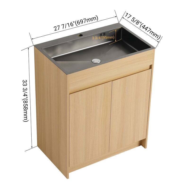 Bathroom Vanity With Stainless Steel Sink In 28 Inch, Floating/Freestanding Bathroom Vanity With 2 Soft Close Doors
