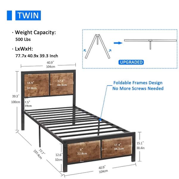 dimension image slide 2 of 3, VECELO Platform Twin Size Kids Bed Frame with Wood Headboard,Twin Size Bed Set of 2, 3 Colors