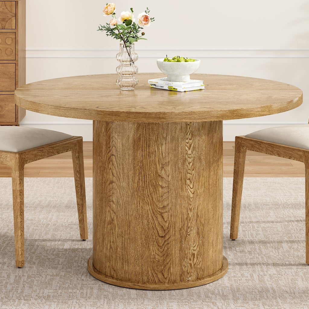43" Round Dining Table for 4 People, Small Kitchen Dining Table with Wood Top and Sturdy Metal Pedestal Base
