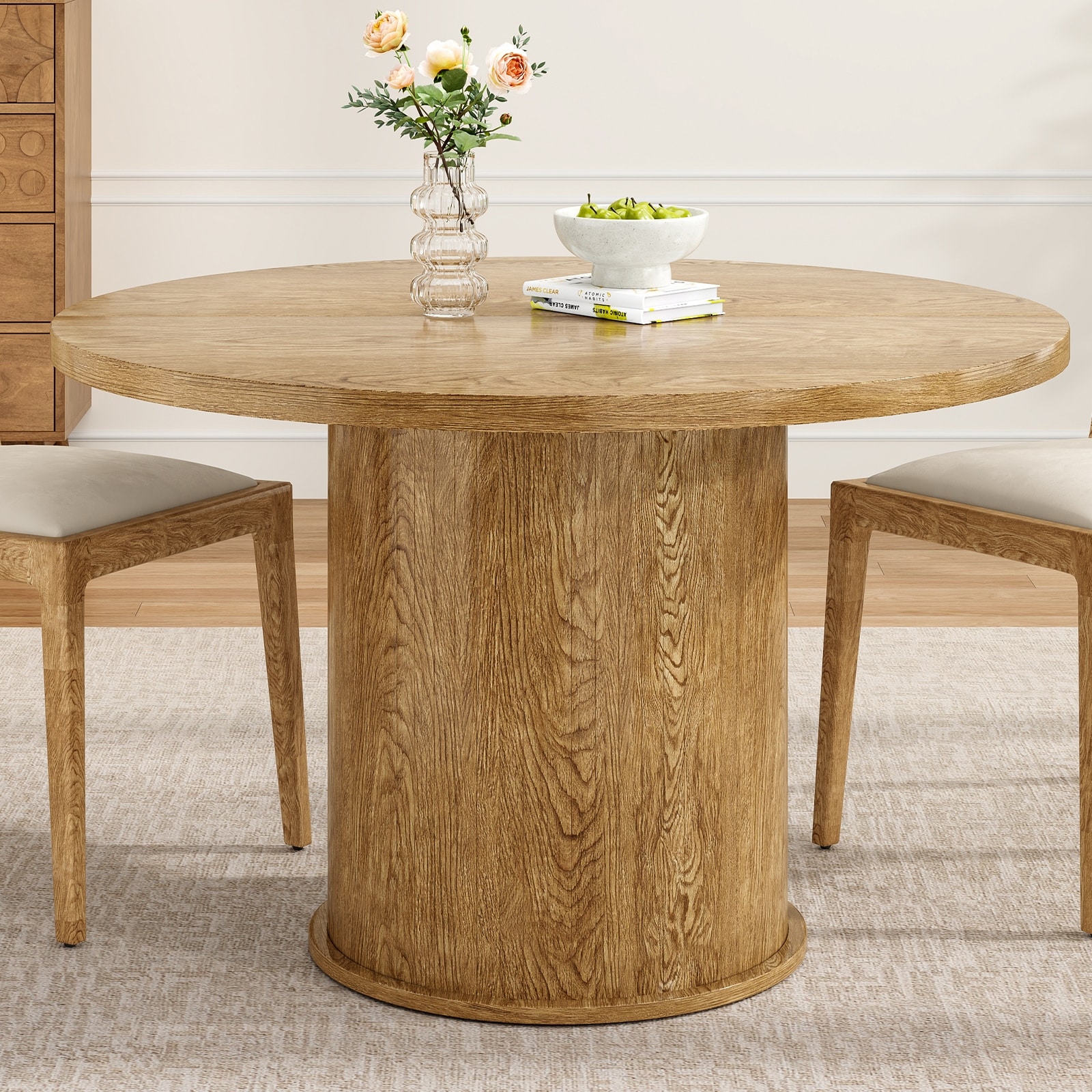 43" Round Dining Table for 4 People, Small Kitchen Dining Table with Wood Top and Sturdy Metal Pedestal Base