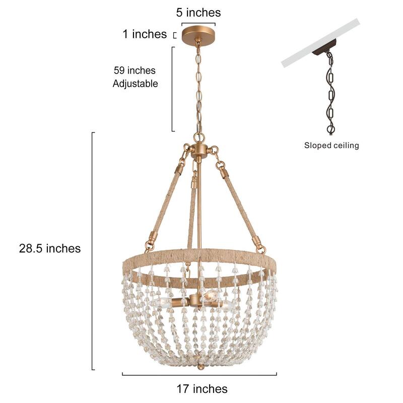 Farmhouse Metal Boho Beaded 3-Light Cage Chandelier Island Lights for Foyer Entry Dining Space - Dia. 17" x H 28.5"