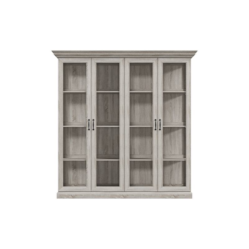 Glass Display Cabinet w/Light Tempered Glass Rustic Gray Oak Finish Bookshelvs Storage Cabinet