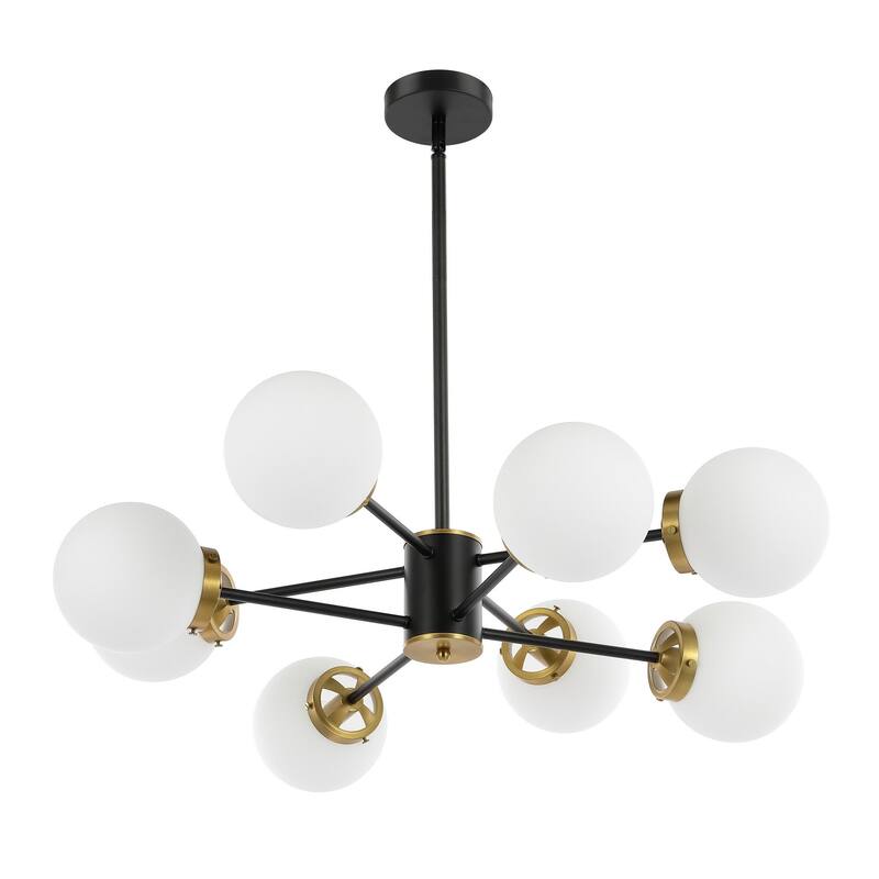 Modern Chandelier Sputnik Black Brass 8-Light Opal Glass 32"