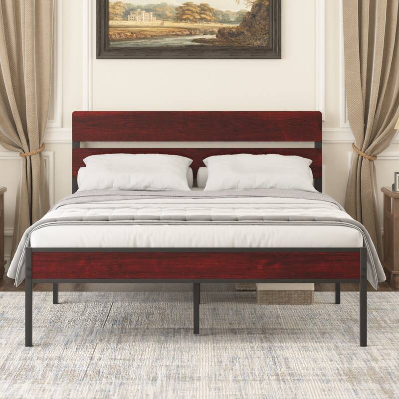 Javlergo Industrial Iron Bed Frames with MDF Headboard - Space-Saving & Durable - Brown - Queen