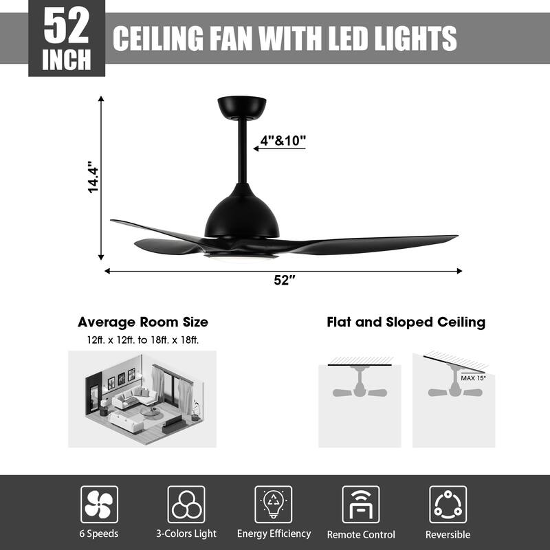 52" Modern Black ABS 3-blade Propeller Ceiling Fan with Light and Remote