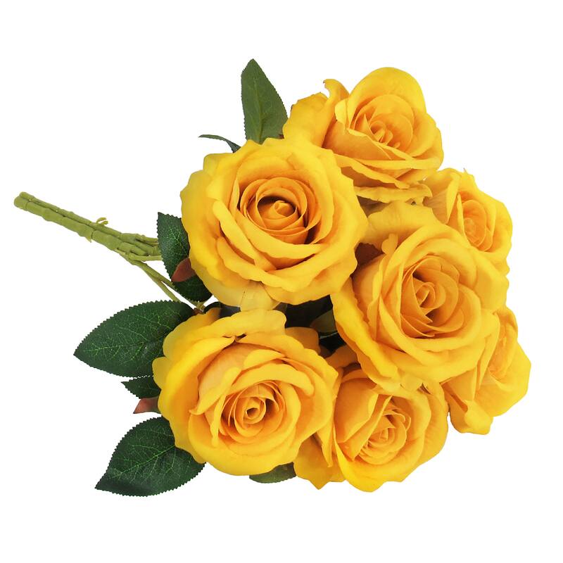 Set of 2 Yellow Artificial Velvet Rose Flower Stem Bush Bouquet 16in - 16" L x 11" W x 11" DP