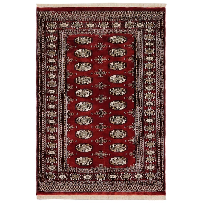 Rustic Bokhara Russo Red/Gray Hand Knotted Wool Rug - 4'0'' x 5'9''