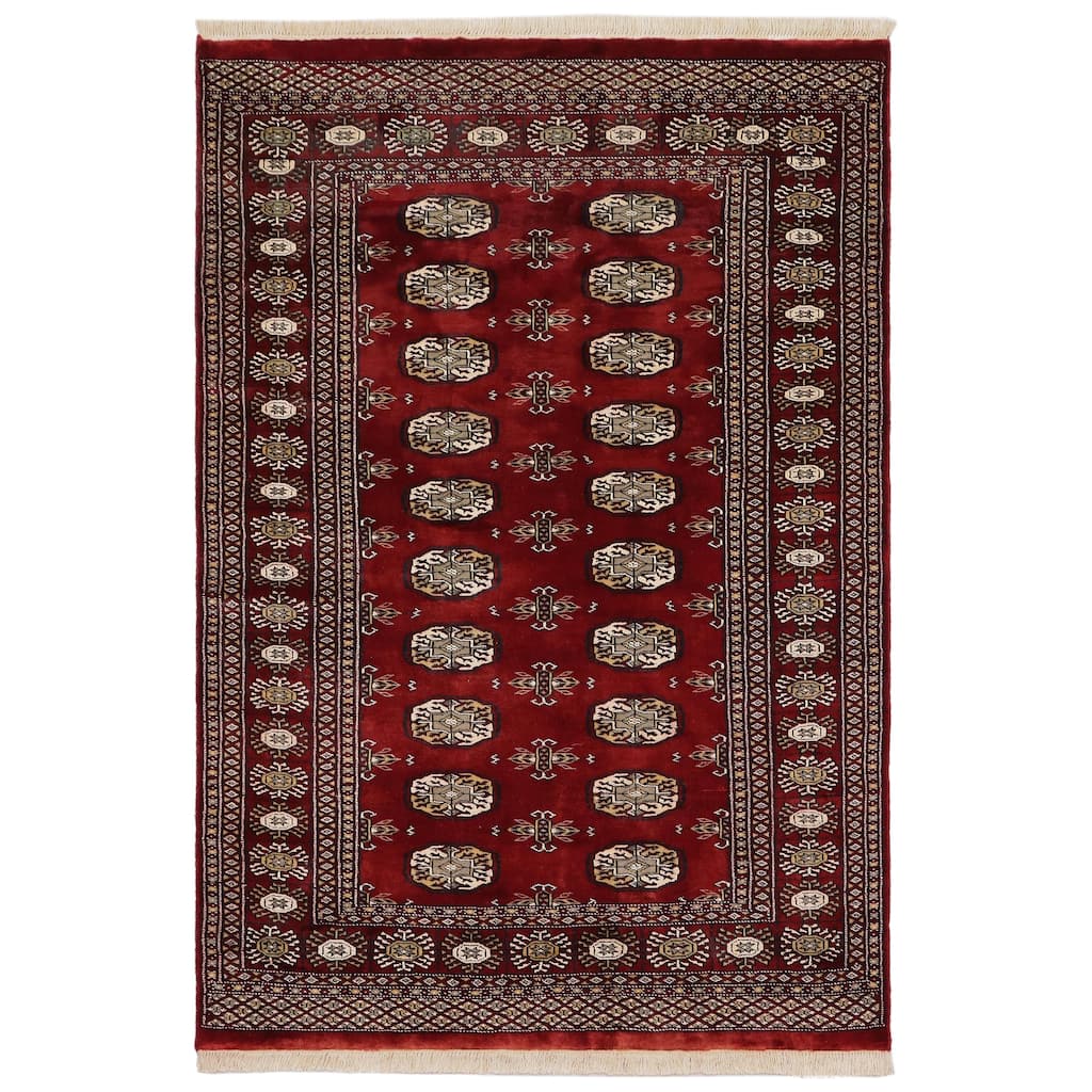 Rustic Bokhara Russo Red/Gray Hand Knotted Wool Rug - 4'0'' x 5'9''