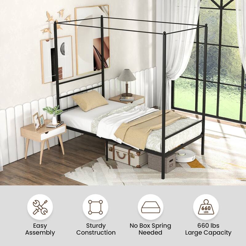 Gymax Twin/Full/Queen Metal Canopy Platform Bed Frame Mattress