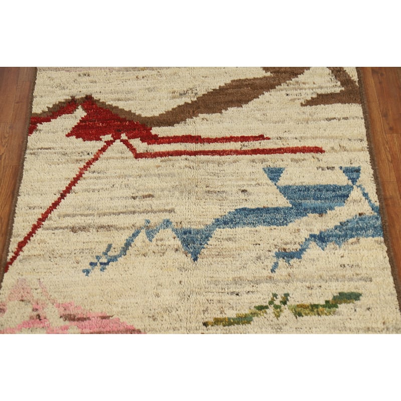Abstract Moroccan Oriental Rug Hand-Knotted Modern Beige Wool Carpet - 3'9" x 6'2"