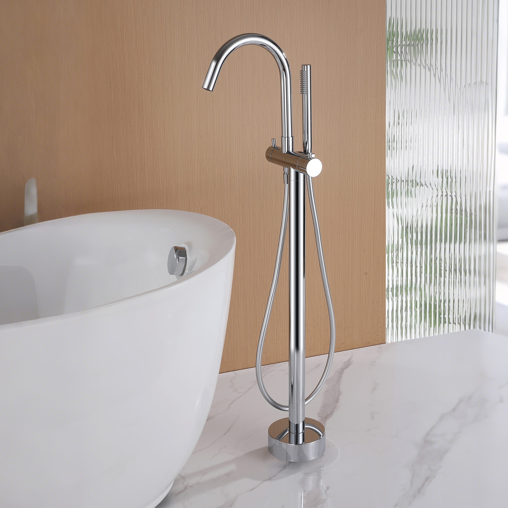 316 Stainless Steel Outdoor Freestanding Tub Faucet, Thermostatic Floor Mount Tub Filler with Handheld Shower, cUPC