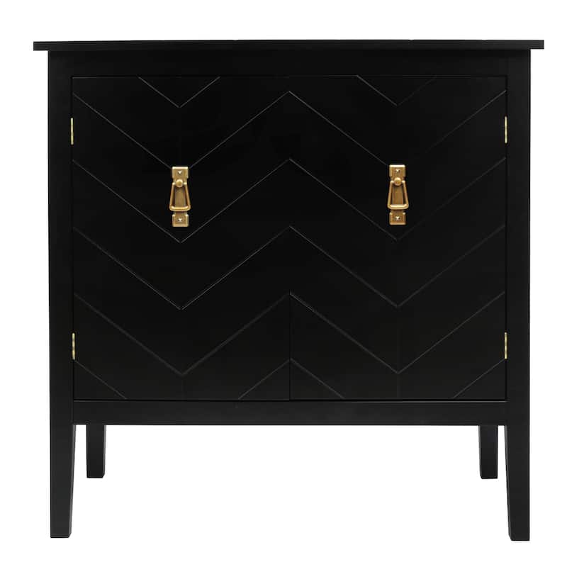 Roomfitters 2 Door Wooden Cabinet, Chevron Storage Sideboard with Vintage Brass Handles, Black