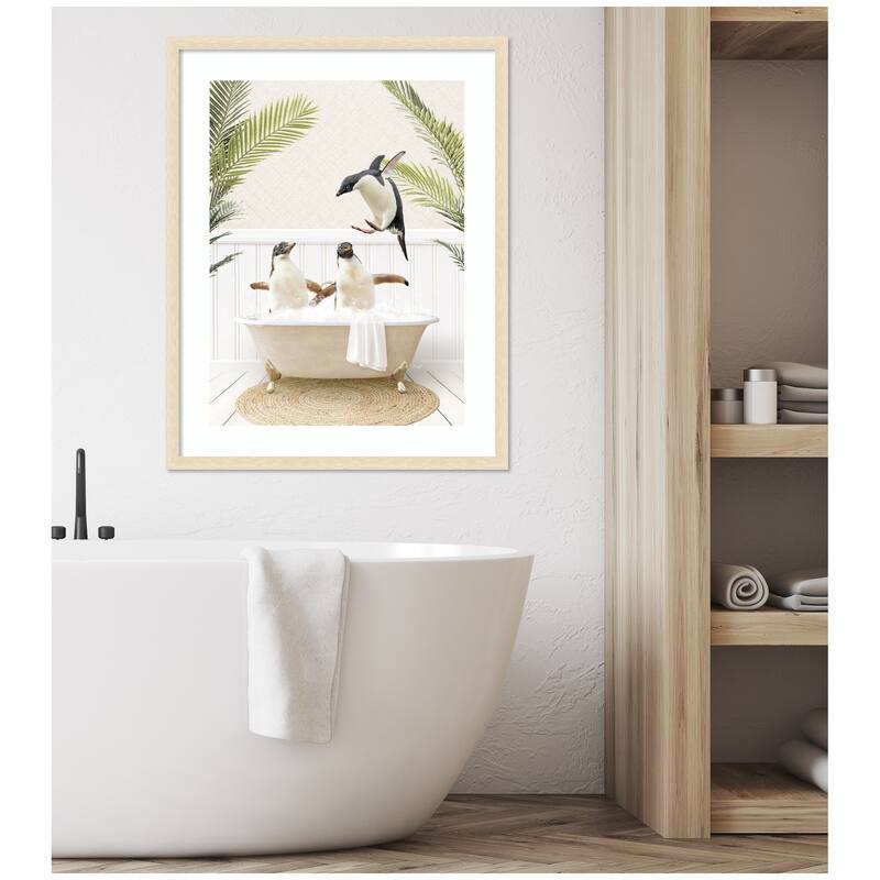 Kate and Laurel Penguins in Palms Bath by Amy Peterson Framed Wall Art Print