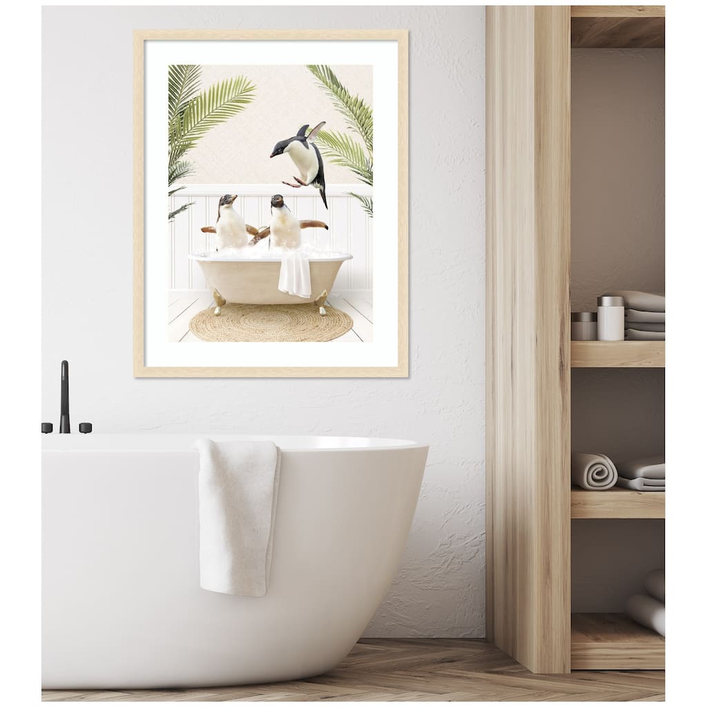 Kate and Laurel Penguins in Palms Bath by Amy Peterson Framed Wall Art Print